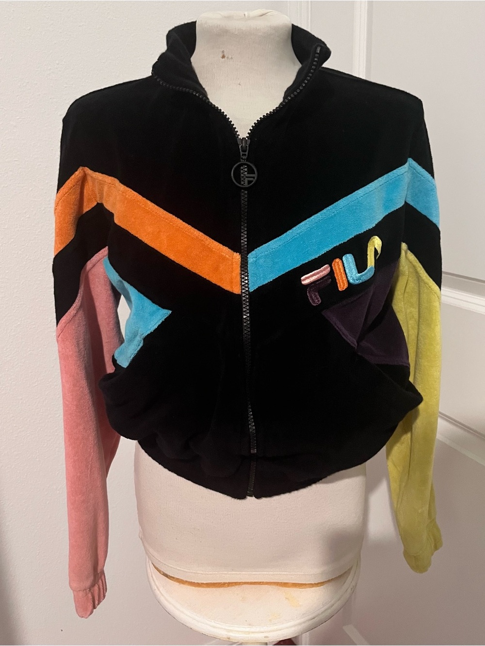 Fila Colorblock Velour Track Jacket w/ Pink Orange Blue Purple Yellow Accents